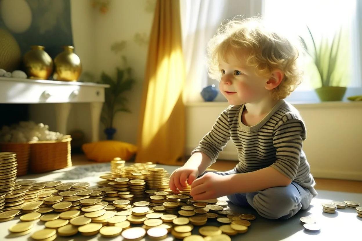 a curly-haired blond boy counts money and stacks gold coins in a modern nursery, in sunshine