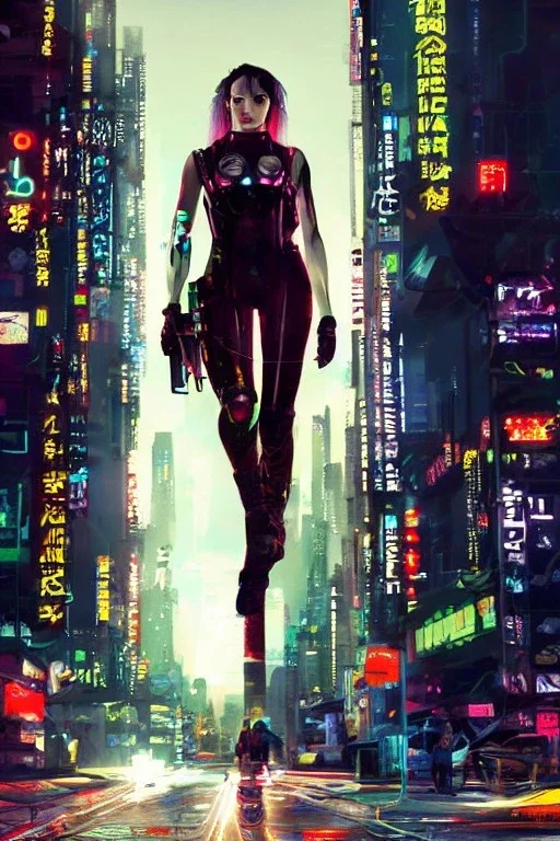 Full body portrait, painting, medium shot lady postcyberpunk