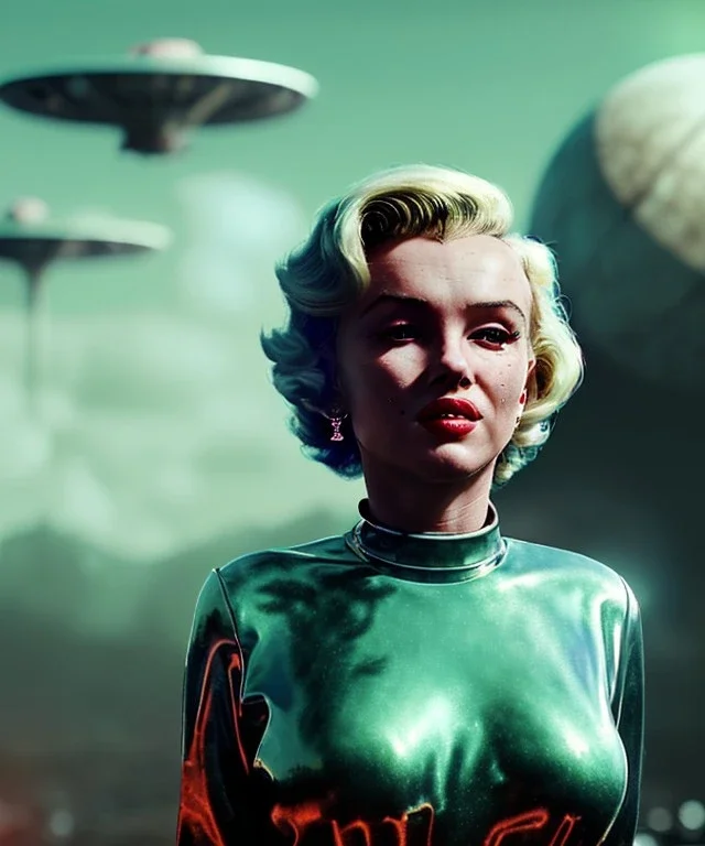 Ultra Realistic retro sci-fi 1960 scene, waist up view portrait, blonde woman, sweet young Marilyn Monroe face, perfect iris, tight latex coat, alien planet background, tight style, steel sphere dron levitating, fog, rain, soft color, highly detailed, unreal engine 5, ray tracing, RTX, lumen lighting, ultra detail, volumetric lighting, 3d, finely drawn, high definition, high resolution.