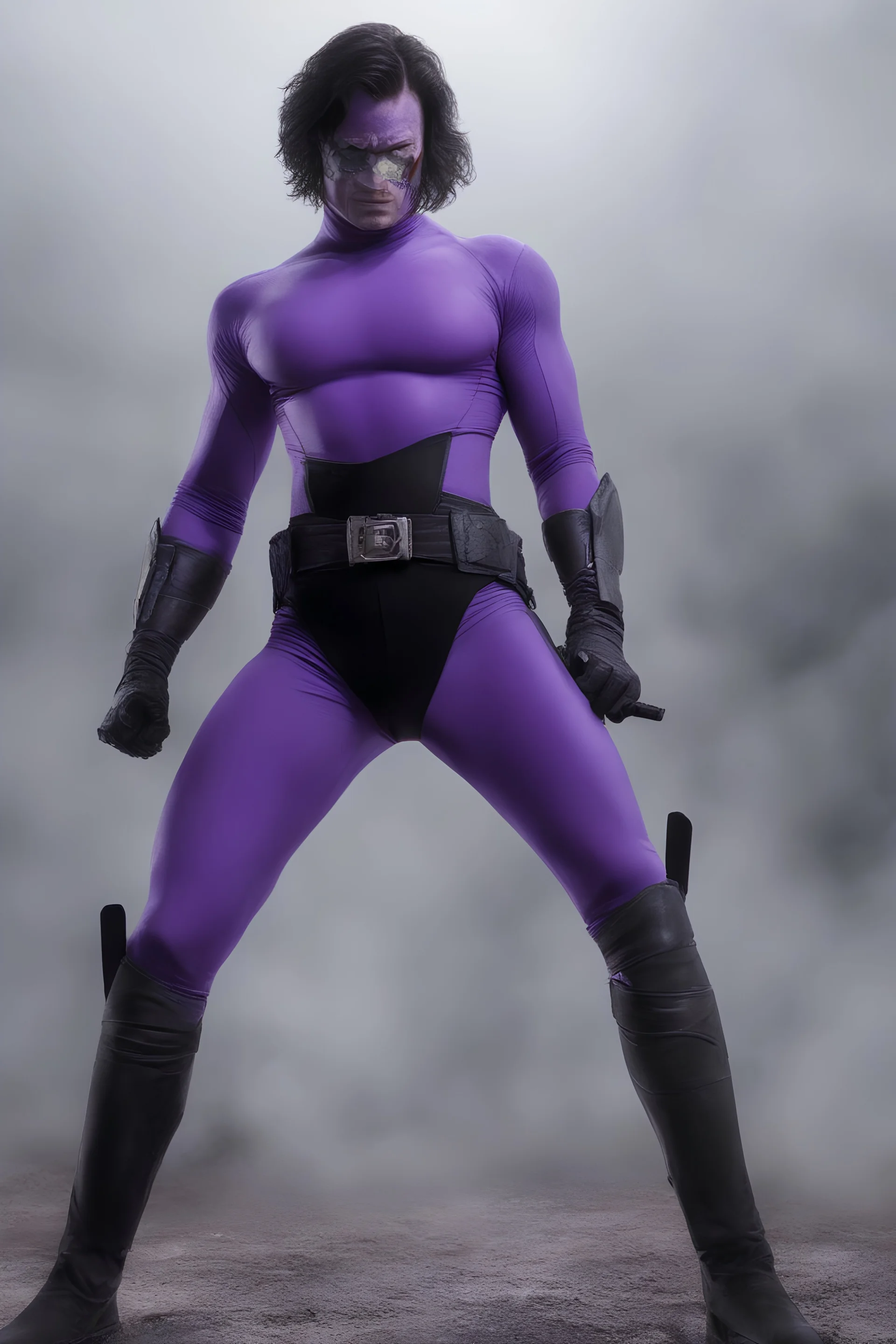 Kent Walker aka THE PHANTOM, Strong, athletic physique, action poses, wearing a skin-tight, formfitting purple bodysuit with a skin-tight, formfitting purple cowl, black eye disguise, black utility belt and double holstered pistol belt, black knee-high boots, glowing white eyes, battle scars, blood, ((foggy, cloudy background, multicolored lightning, flowing lava, Full Eclipse, aliens, explosions, bright, vibrant, extremely colorful, detailed, blood red skies))