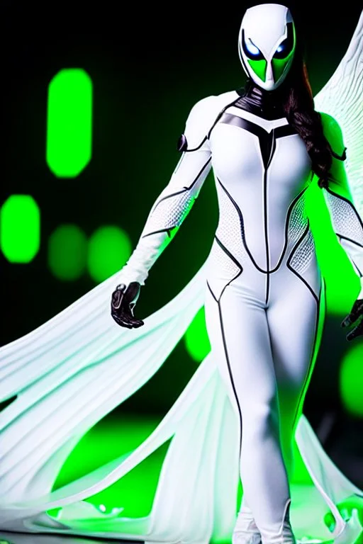 Cyborg symbiote, white color, green color, tendrils, high tech, cyberpunk, biopunk, membrane wings, carbon fiber