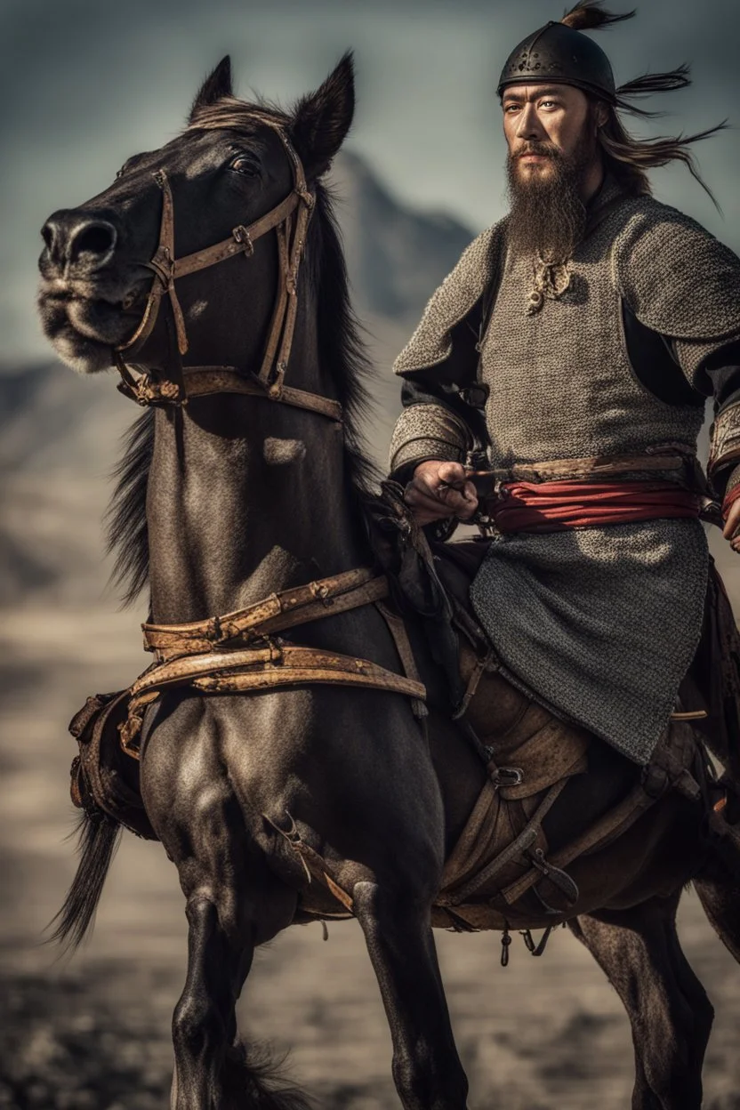 Close-up of a warrior the 1200s and a Mongol warriors portrait , strong athletic build, cinematographic photo