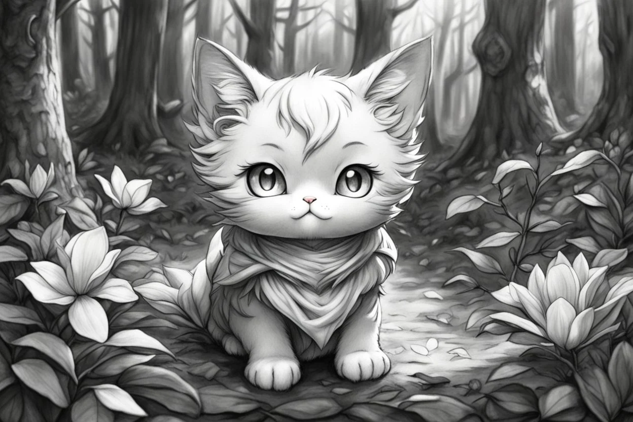 cute anime chibi cat in magnolia forest in sunshine Weight:1 hyperdetailed charcoal drawing Weight:0.9