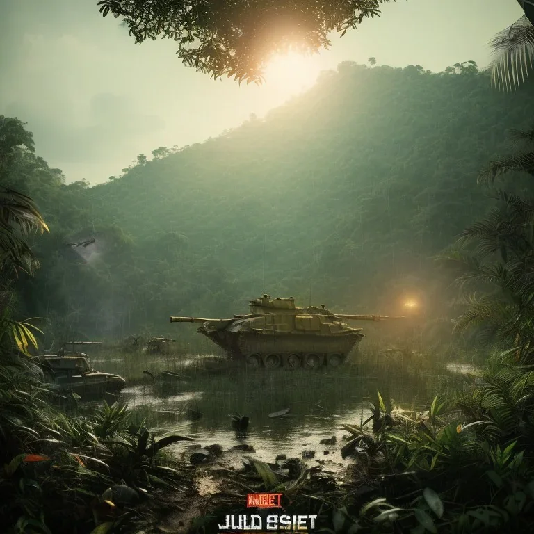 vietnam war. jungle. poster. bokeh. lens flare. warm lights. high detailed