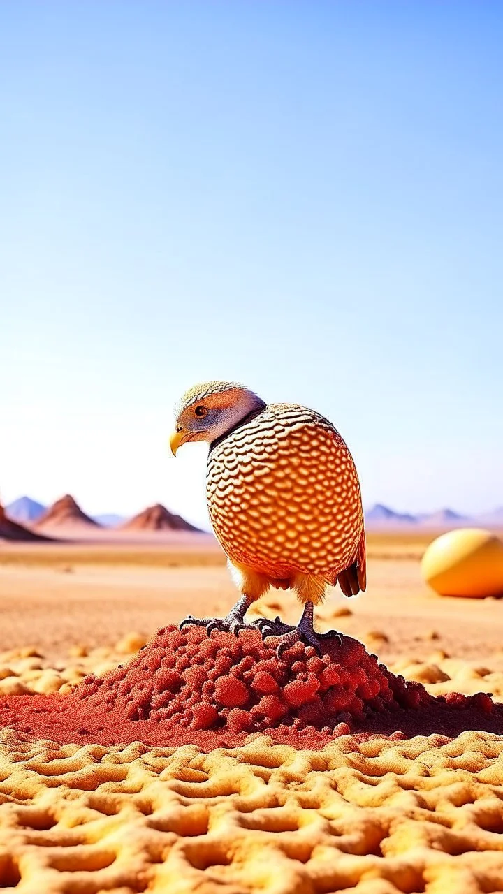 Giant egg resting on desert. Eagle eating from cracked egg