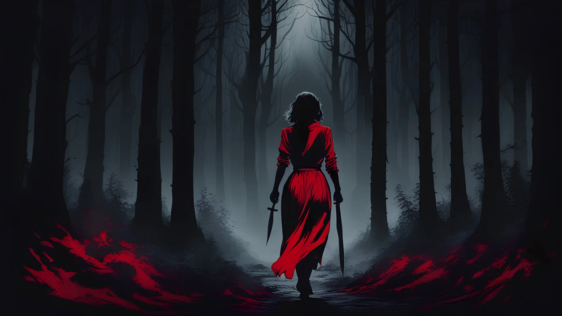 woman seen from behind, walking into a dark forest, with a dagger in hand, black and red image, night