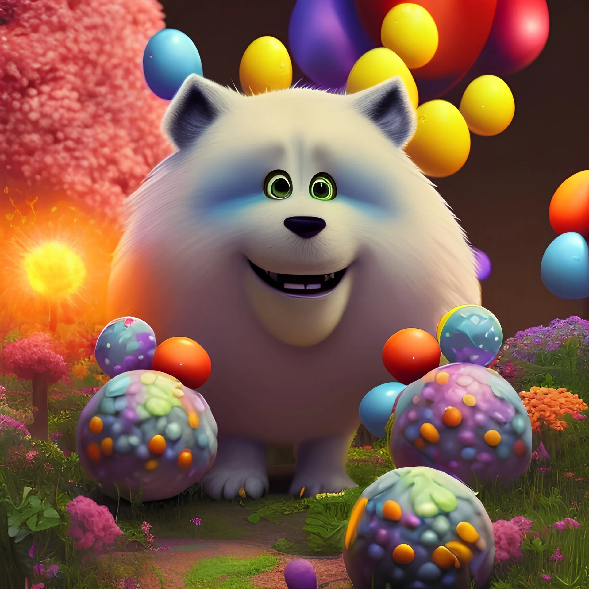 pixar style, volumetric summer garden environment and background, realistic painting of m&m, looking excited, volumetric lighting, dramatic lighting, detailed digital painting, extreme dense and fine fur, anime, ornate, colour-washed colors, elegant, small minutiae, tiny features, particulars, centered, smooth, sharp focus, renderman gofur render, 8k, uhd, detailed eyes, realistic shaded volumetric lighting, sunlight caustics, backlight, centered camera view