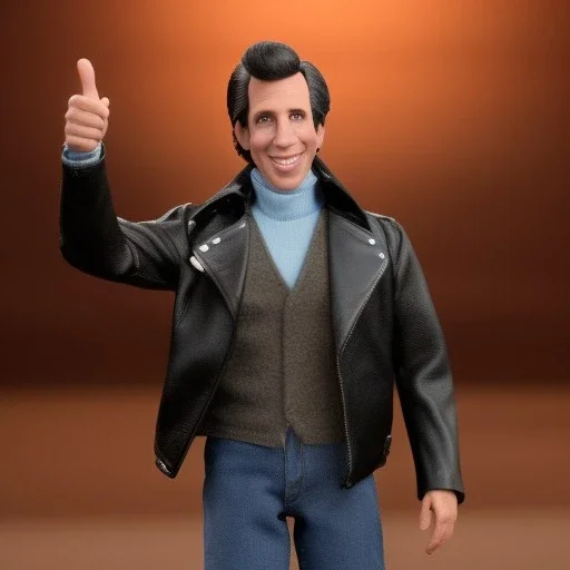 Wide view Henry winkler as Fonz with black hair greaser figure doll 1975 (thumbs-up) (face) Forehead grin, fonzarelli, ((arnold's drive-in)) fonzie