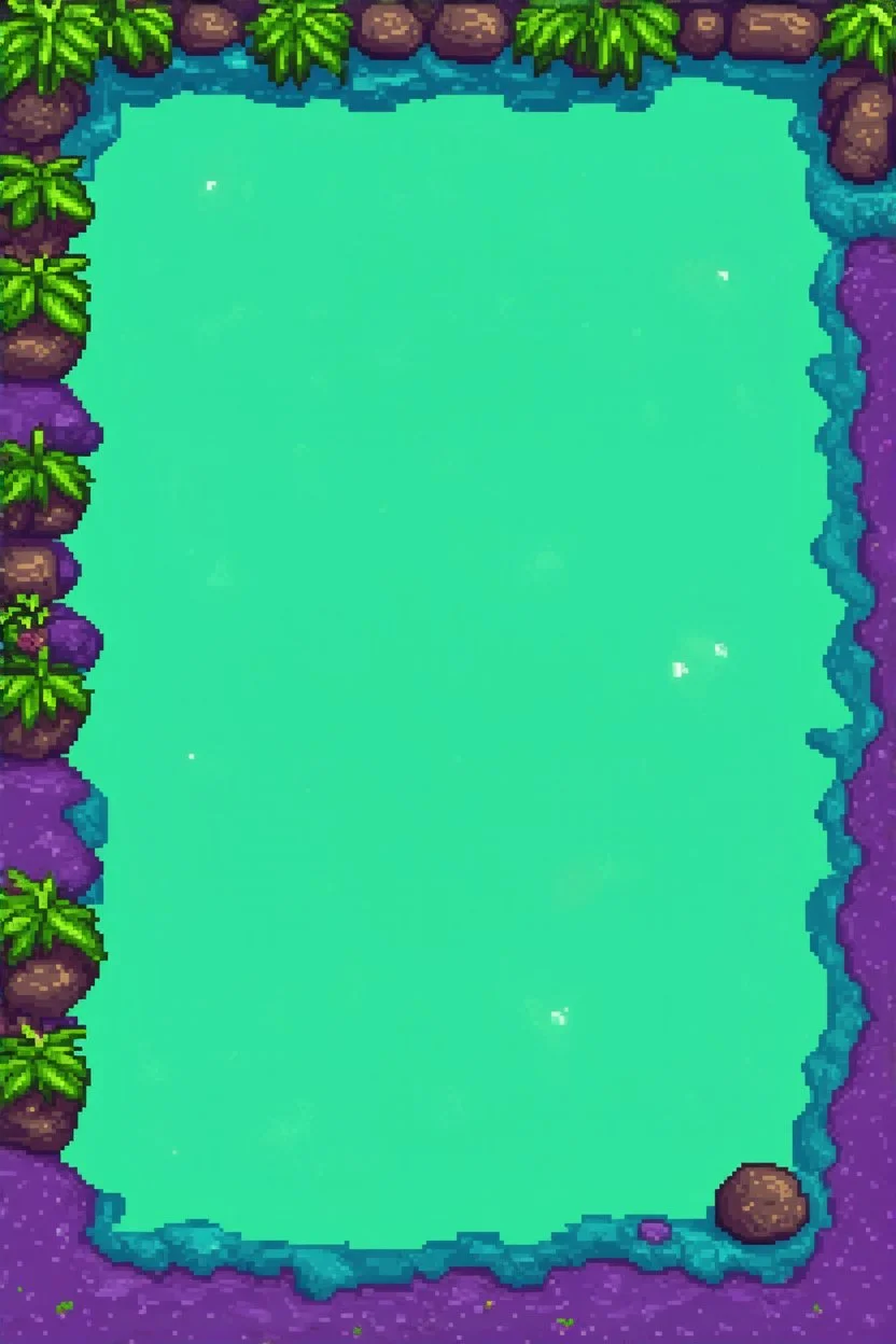 pixel art top down view planet surface in 2d game, detailed level, mint green terrain, violet earth with plants and rocks