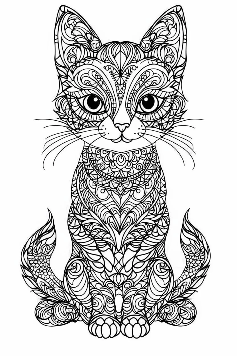 A simple coloring book page drawing with only thick black lines on a white background of a full length body of a kitten mandala of the cat breed GEOFFROY'S CATin the Pop Art style. No shading. No gray. No shadows. No color. This coloring book page would appeal to children aged sixteen through adults and have clean lines for a design that is easy to color. Style raw. Aspect ratio 9:11