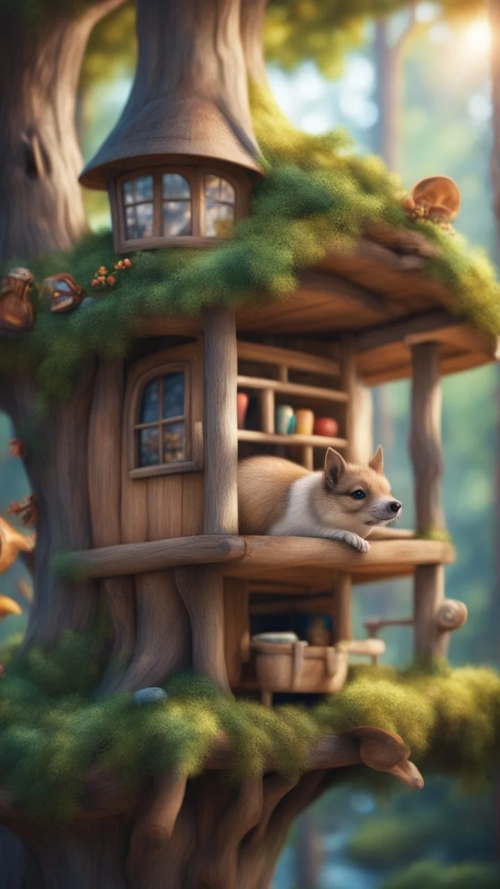 magazine cover, portrait of sleepy dog bug squirrel in a tree house in wonderful enchanted magical forest by river,bokeh like f/0.8, tilt-shift lens 8k, high detail, smooth render, down-light, unreal engine, prize winning