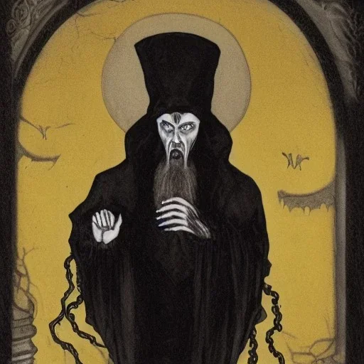 Nosferatu with white skin and a beard made of tentacles as a Russian Orthodox vampire with yellow eyes and vampire fangs