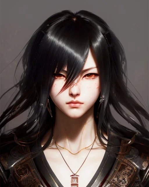 Detailed angry anime Kunoichi boy long brown hair, intricate details, full body portrait, keep head in frame, slight, black Japanese motif, concept art, highly detailed, digital painting, concept art, sharp focus, illustration, art by Yoji Shinkawa, WLOP and greg rutkowski and alphonse mucha and artgerm and yanjun Chen and Junji ito and Makoto Shinkai, HDR, octane render