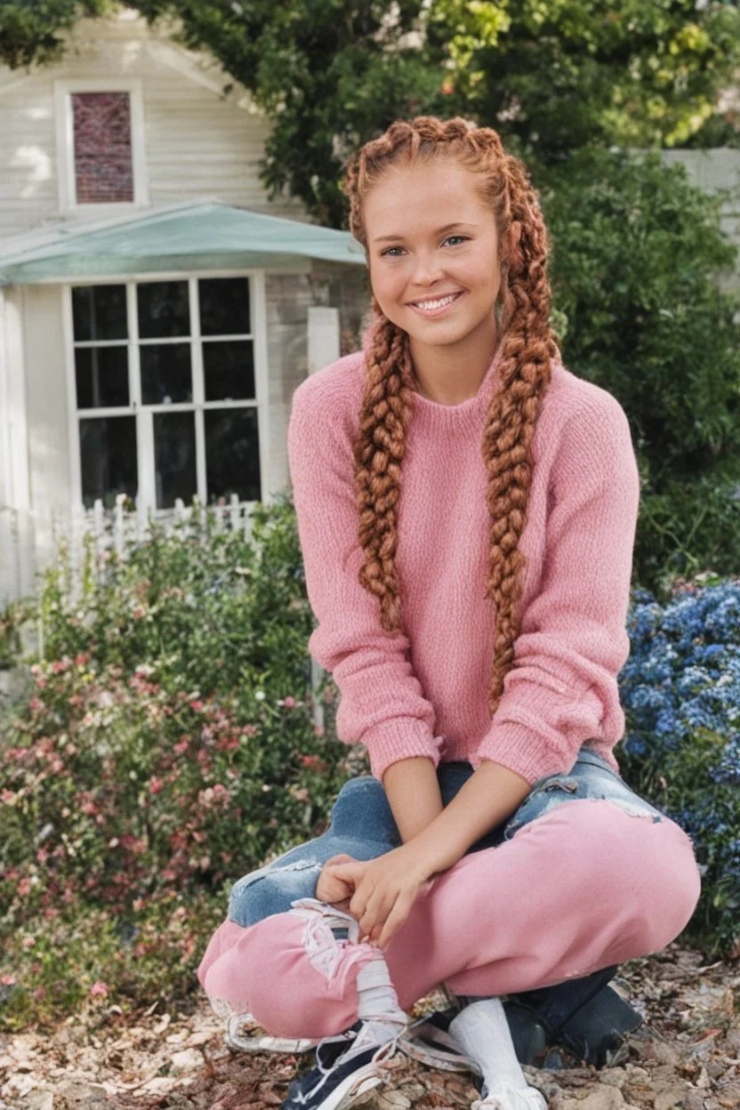 Sherrie Sue Engellant, a stacked, ((well-endowed:1.5)) 18-year-old girl with Long, auburn red-brown hair cornrow style, sea-green eyes, sitting in her front yard wearing a pink, knit, turtleneck sweater, blue jeans, black converse sneakers, a sly, clever grin on her face, (plump, full, pouty lips) ,