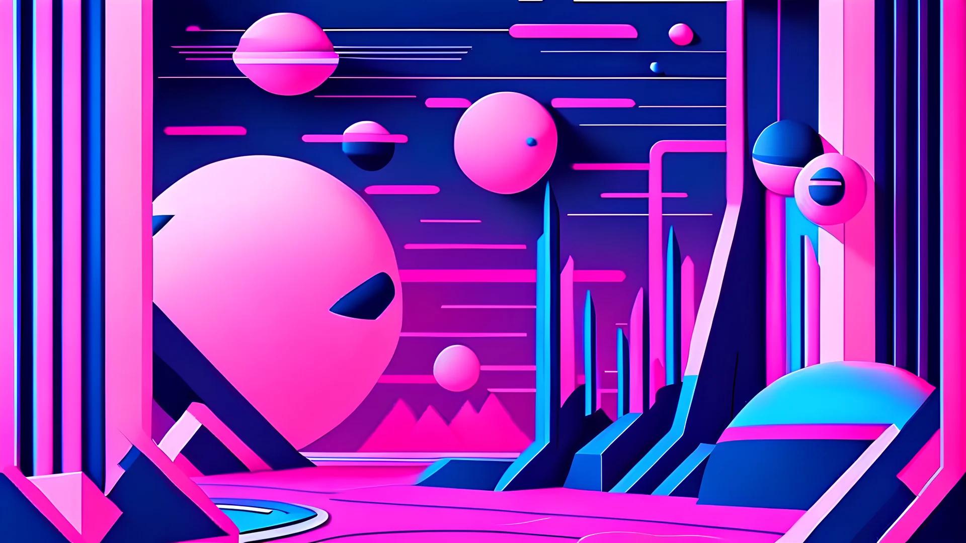 cartoon screen saver, futuristic but minimalistic with navy blue and pink