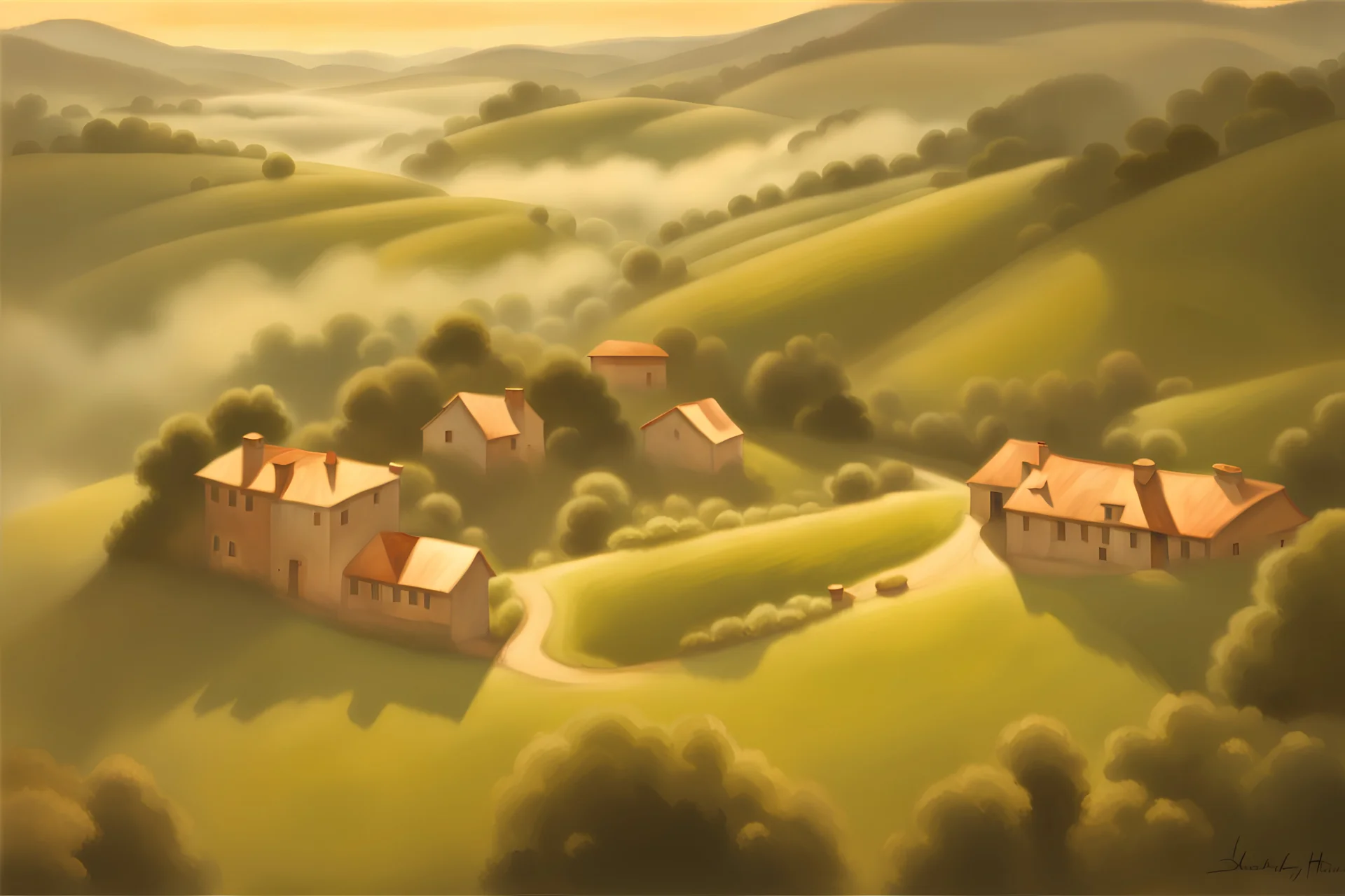 Drone view: in the style of Norman Rockwell, Caravaggio, and Steve Hanks, create a highly detailed evocative lush digital landscape featuring rolling foggy hills highlight light, shadows, and textures for added atmospheric effects.,