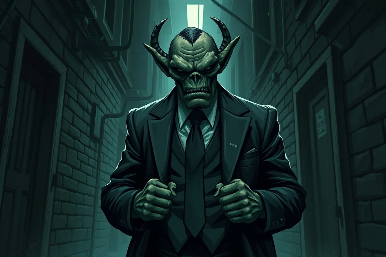 Orc mafia enforcer in a suit standing in a gloomy alleyway grimdark