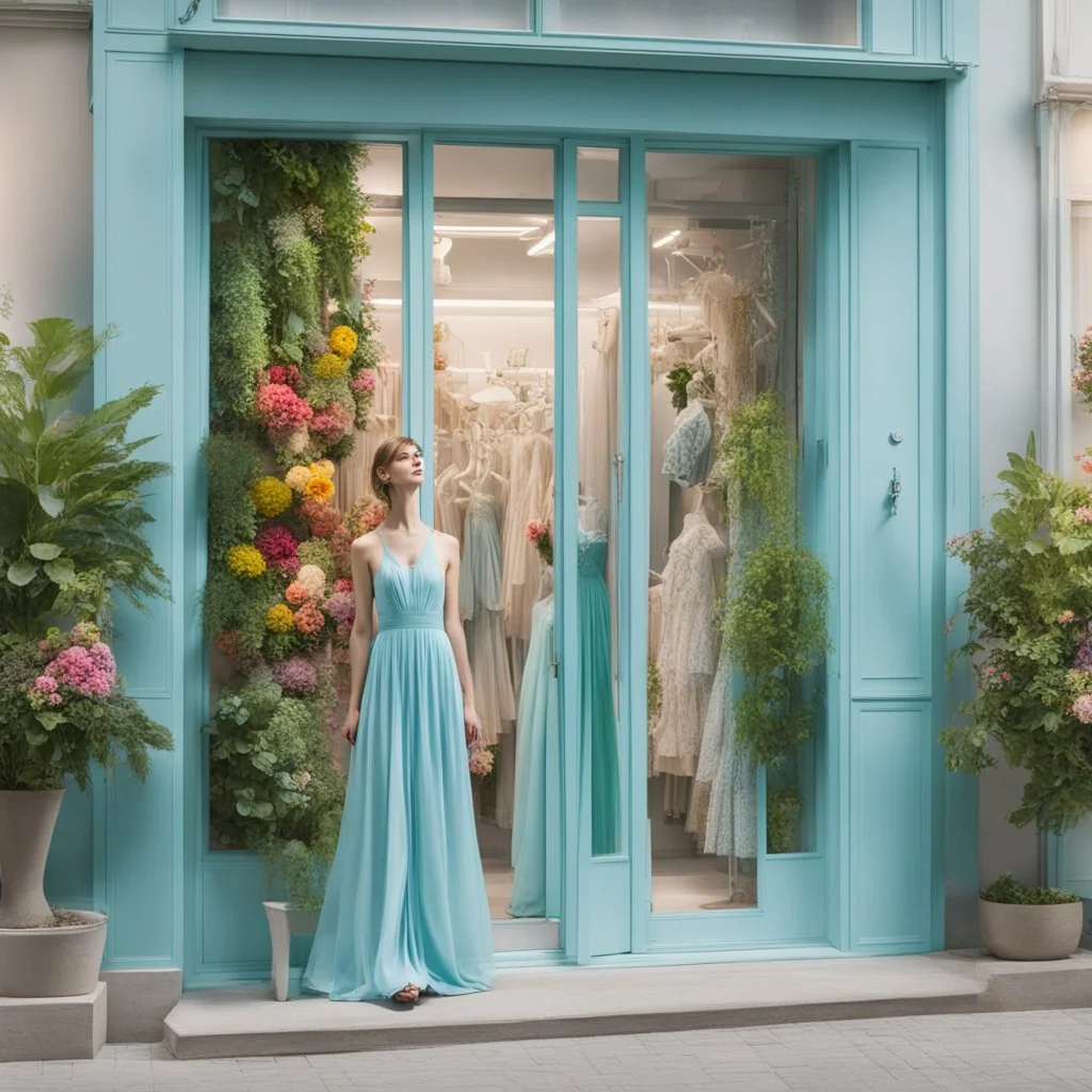 A fashion store in delicate light blue with green decorations, a large window pane with dresses in all bright colors. In front of the store on each side there is a large plant with bright, colorful flowers!No People