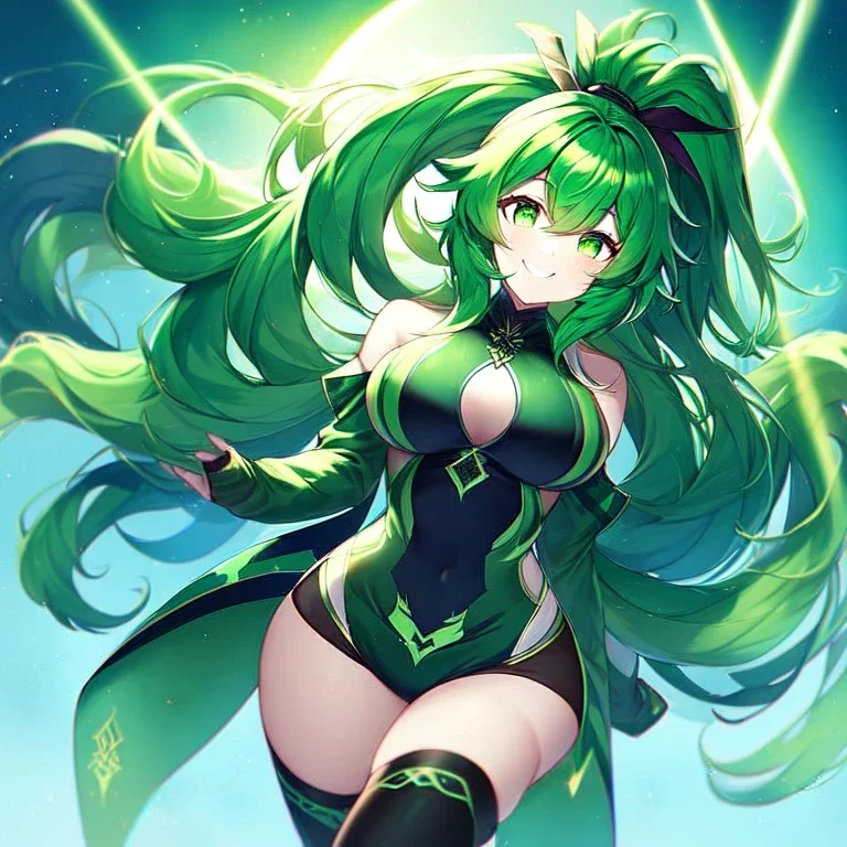 girl, masterpiece, best quality, volumetric lighting, detailed outfit, perfect eyes, long hair, green hair, green eyes, beautiful lighting, vibrant colors, smiling, thigh highs, ponytail, messy hair,