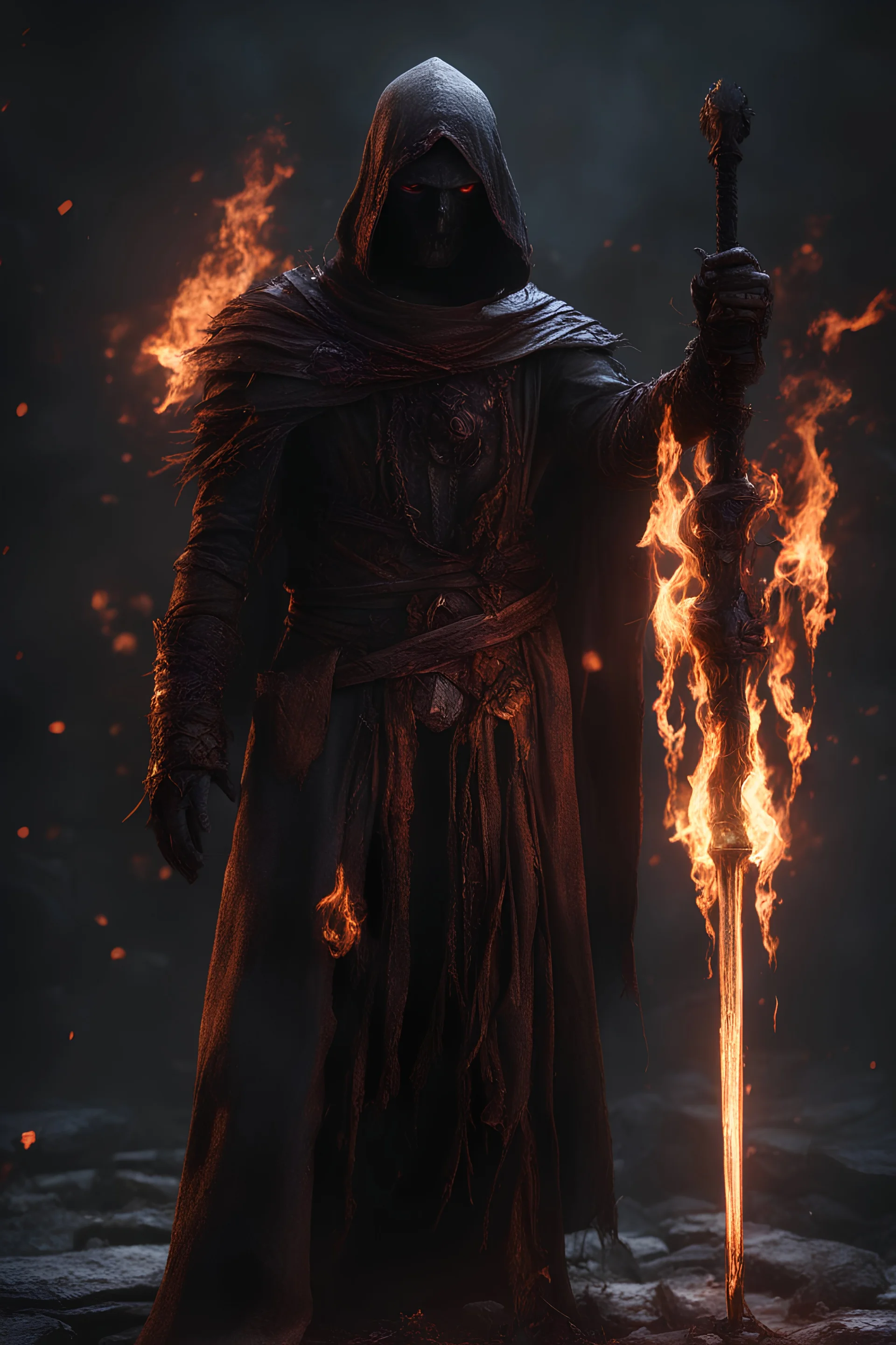 the blood dripping sorcerer known as The Shadow of Death using the staff of undeath. black rotting fire. fantasy art, Cinematic lighting, Volumetric lighting, Epic composition, Photorealism, Bokeh blur, Very high detail, Sony Alpha α7, ISO1900, Character design, Unreal Engine, Octane render, HDR, Subsurface scattering