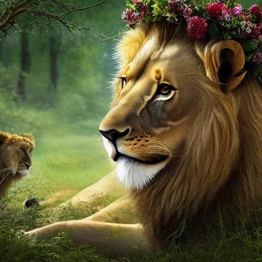 Young beautiful girl and majestic, stunning lion on nature forest path, floral crown on girl, majestic lion with young girl, Chronicles of Narnia, 8k resolution, high-quality, fine-detail, iridescent, intricate, digital art, detailed matte, volumetric lighting, beautiful, illustration, 3D octane render, brian froud, howard lyon, selina french, anna dittmann, annie stokes, lisa parker, greg rutowski,