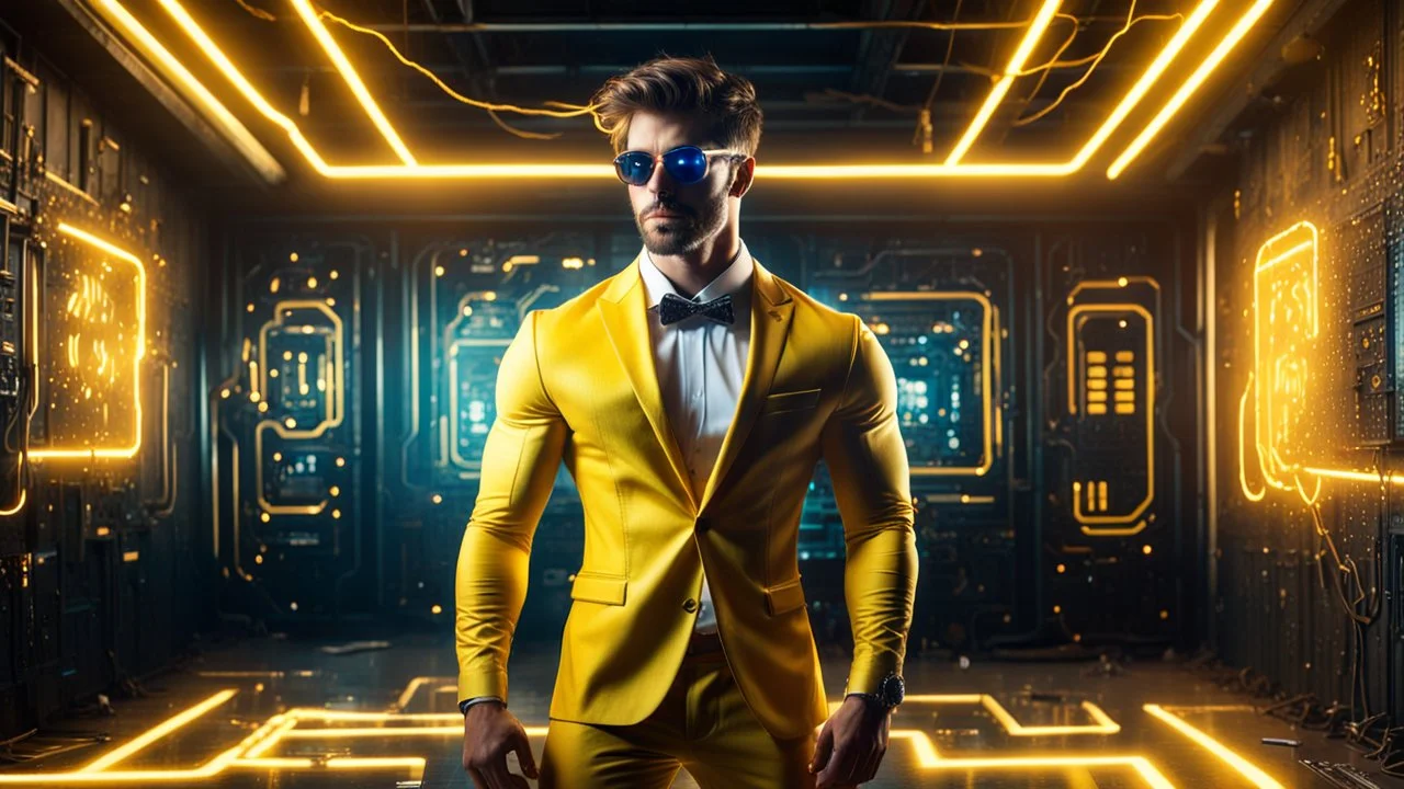 Hyper Realistic handsome muscular Electric-Superhero wearing long-fancy-yellow-tuxedo & fancy-sunglasses in a dark-rustic-circuit-room with electric-sparks-&-rays & a massive circuit-board-wall showing dramatic & cinematic ambiance.