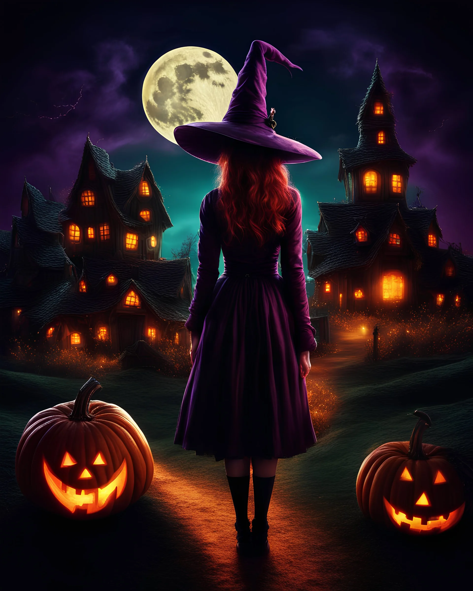 halloween style spooky witch in the front in a magical glowing village with a bright glowing moon in the background, halloween pumpkins in the front , vibrant crisp colors high resolution, fantasy style