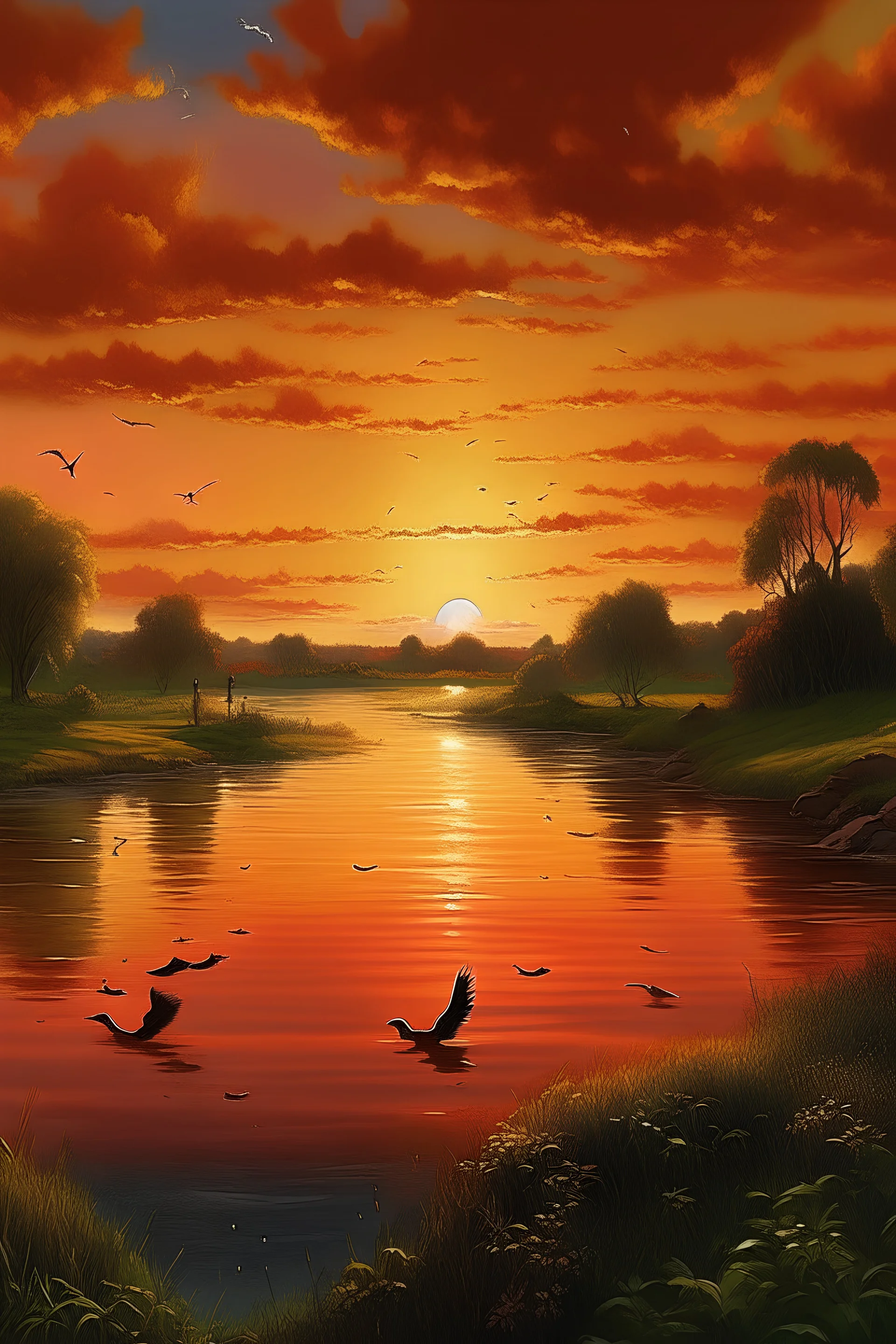 En una panorámica con un estilo de realismo. El rio Paraná al atardecer, El sol se pone en el horizonte, iluminando el cielo con una paleta de colores vibrantes rojo, naranja y amarillo. Las nubes se tiñen de estos colores. El cielo se refleja en el agua. Los peces saltan fuera del agua, patos, gansos y garzas en sus orillas. Sobre el barranco de sus playas, la vegetación de las costas asoman entre los pastizales los arboles de pinos, eucaliptos y sauces. Un pescador en su piragua