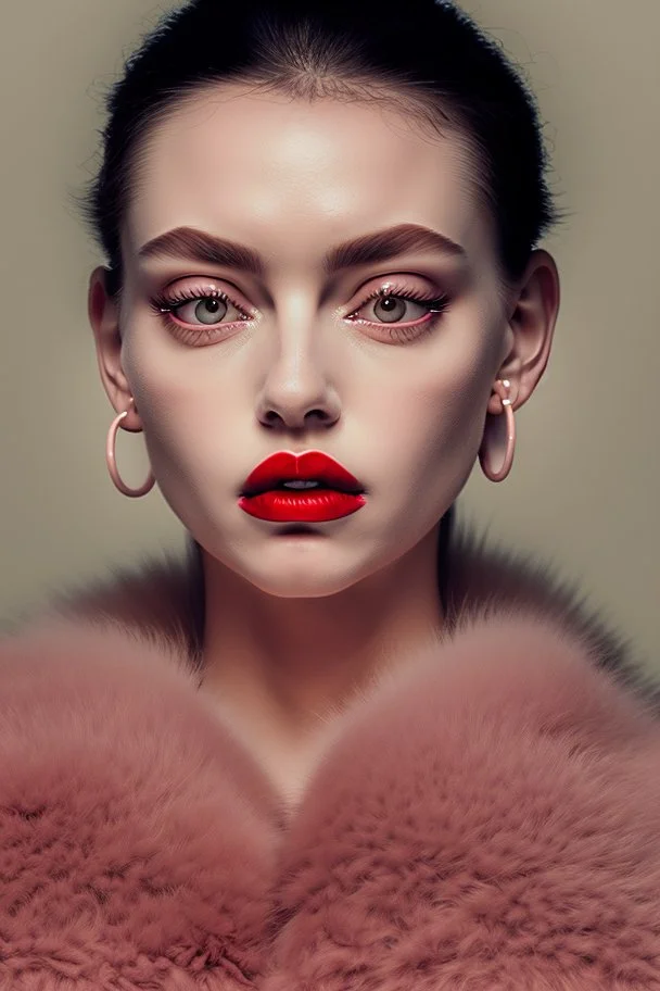 Minimalistic portrait of a beautiful and sensual woman with red lips and cold big eyes wearing earrings, a light pink fur coat in a haute couture style isolated on a dark background, cinematic lighting, ultra-realistic, shot in the style of hasselblad x2d + pishington e skinner + peter coulson, minimalism --ar 5164