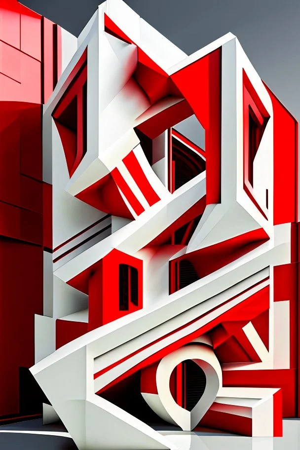 Isometria 3D arquitectura Neofuturista, calidad ultra, colores rojo, blanco y negro