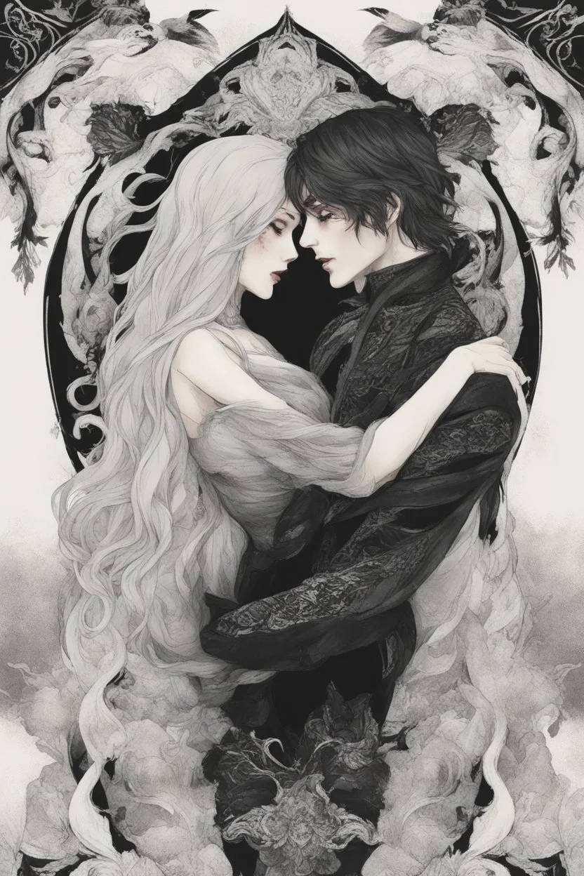 Strahd Von Zarovich, long black hair, being kissed on the mouth by a beautiful woman with white hair, wearing an off the shoulder dress. Settling and background are a lavish toomb with an ebony coffin.