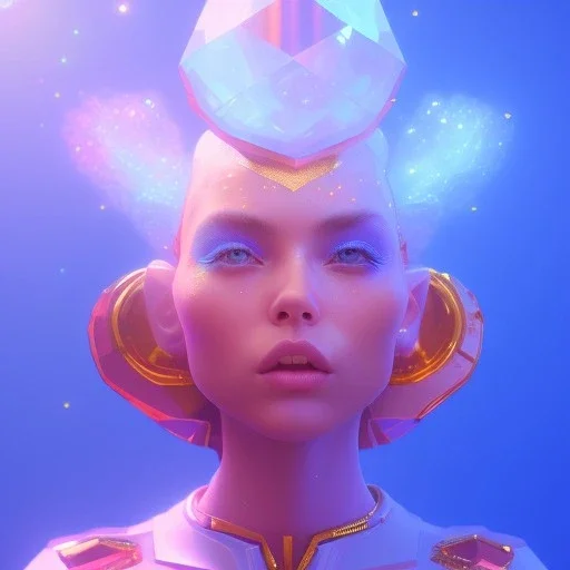 A portrait of a crystalised blue pink extraterrestrial, gold, diamonds, sunny background, atmospheric, realistic, unreal engine, 8k. Cinematic lighting, octane render.