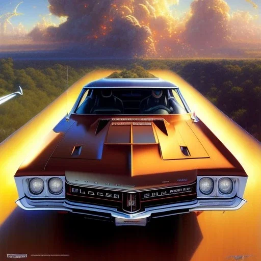 hyperrealism Drawing of '1967 Pontiac GTO' three quarter frontal aerial view, by gaston bussiere, greg rutkowski, yoji shinkawa, yoshitaka amano, tsutomu nihei, donato giancola, tim hildebrandt,oil on canvas, cinematic composition,Sharp detail,extreme detail,fit full head inside picture,16k