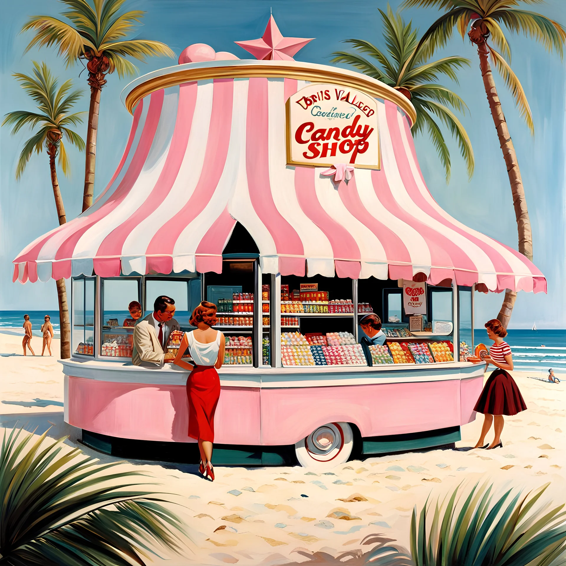 1950s cute Candy Shop on the beach, pink striped awning, palm trees. beautiful white sand, beautiful people, symmetrical face, perfect face by Norman Rockwell and Boris Vallejo