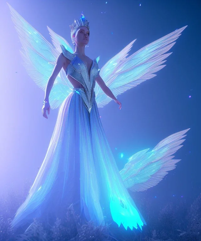 A crystalised queen, atmospheric, realistic, unreal engine, cinematic lighting, octane render. blue, pink, transparency, light, shine,bright, full body, transparent wings, blonde, long hair