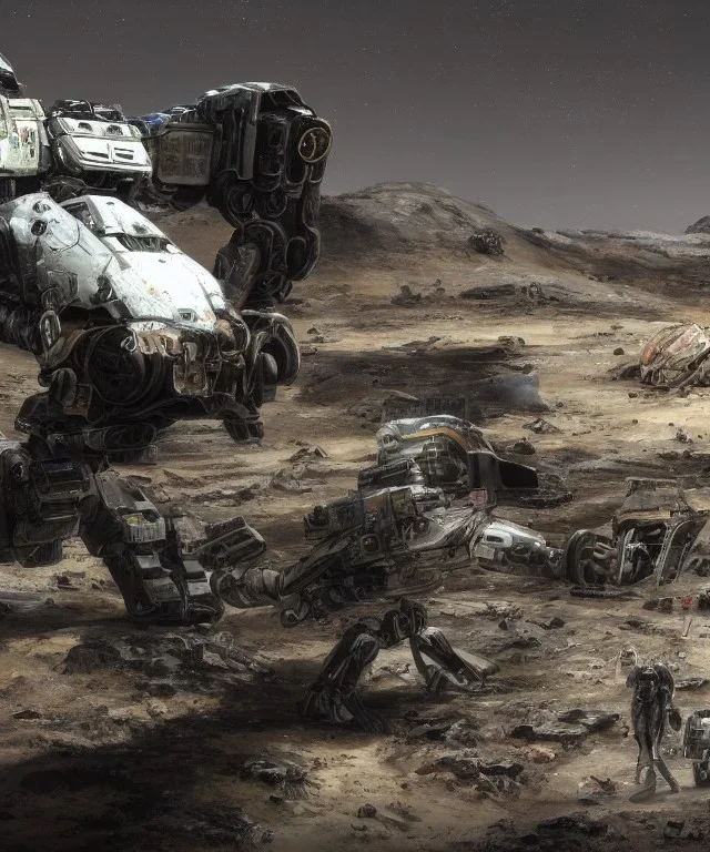 Crashed photorealistic futuristic destroyed mechanical mechwarrior abandoned wreckage on the lunar surface