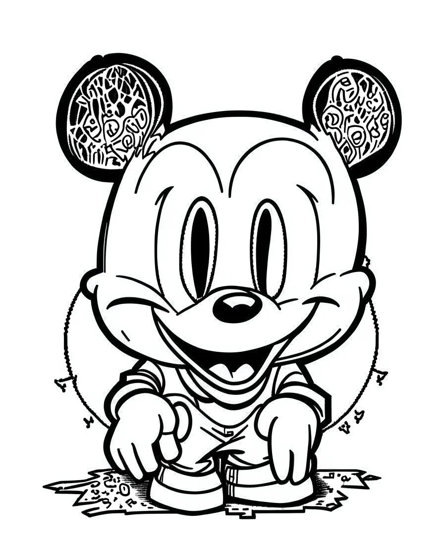 outline art for Mickey Mouse Peering Through Hole coloring page, Japanese manga style, cartoon style, cute face, white background sketch style, full body is a must, only use outline, clean line art, no shadow, bold outline