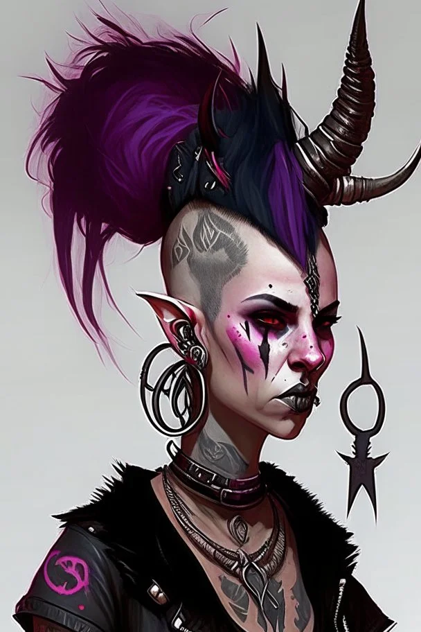 As tiefling teenage girl, she has lots of jewelry and the horns of a ram and also the horns of a gazelle, she has a mohawk and is punk, goth, covered in tattoos