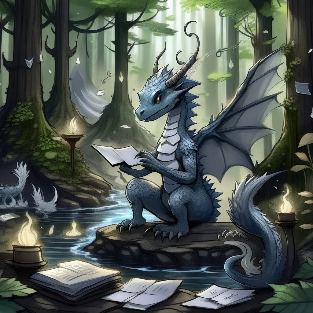 A dragonoid human with grey scales and a flexible tail in the middle of taking notes in a magical forest being bothered by magical spirits