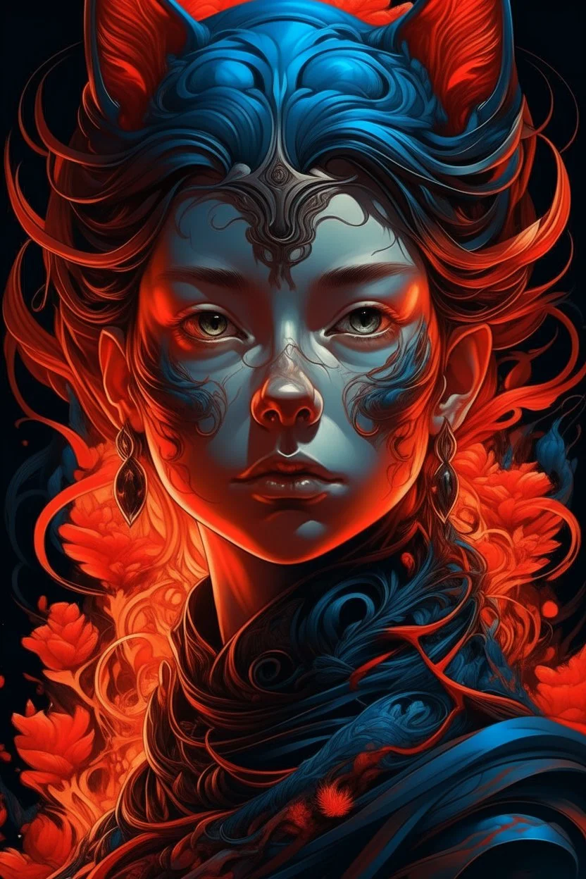 A girl face in the backgound in James Jean illustration style, vibrant colors, red colors, intricate details, flowing objects, ethereal lighting, 4k resolution, black background