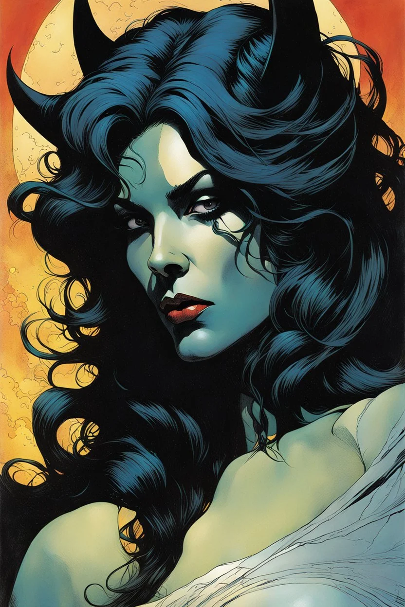 create a ethereal, otherworldly seductive ancient female succubus , in the comic book art style of Mike Mignola, Bill Sienkiewicz, John Romita Jr., Leonardo Romero, Simone D'ARMINI, and Jean Giraud Moebius, with highly detailed and sharply defined feminine facial features , finely penciled and inked , dramatic natural lighting