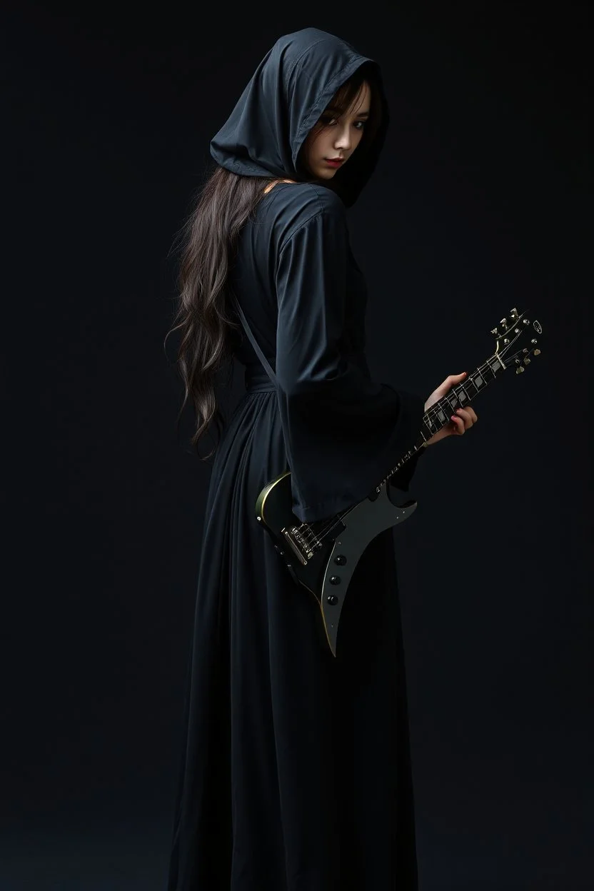 pretty goth girl(dressed in black flowing robes) facing viewer, playing scythe styled guitar, leaning back, dark background, photo realism