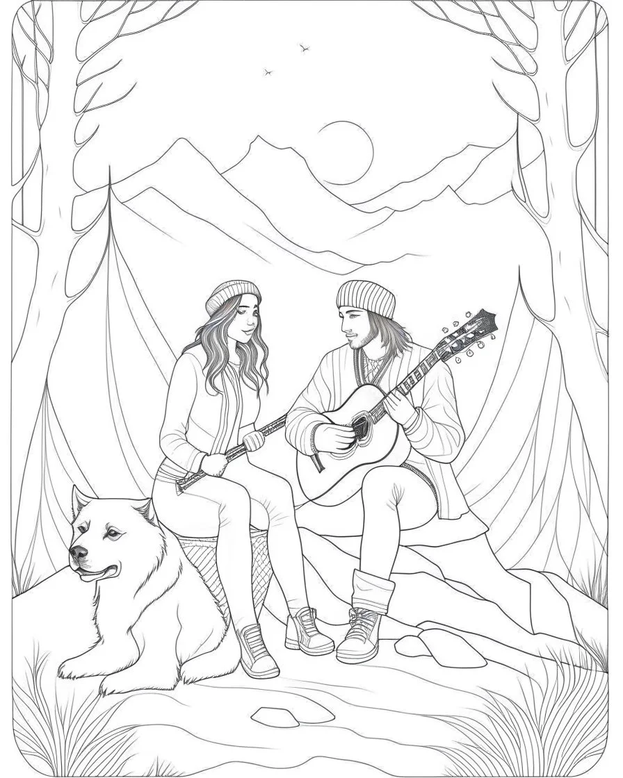 Coloring page: Enchanting scene Young man playing acoustic guitar beside a campfire, woman gently caresses a wolf in a snowy setting,