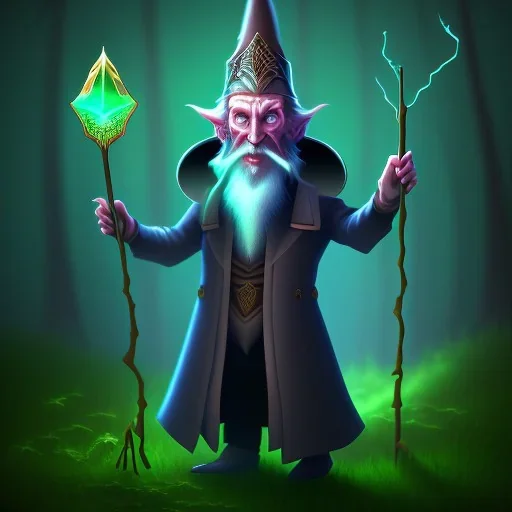 old evil Wizard standing in a dark magical forest at night, holding a staff with a gem in, Devil, Evil