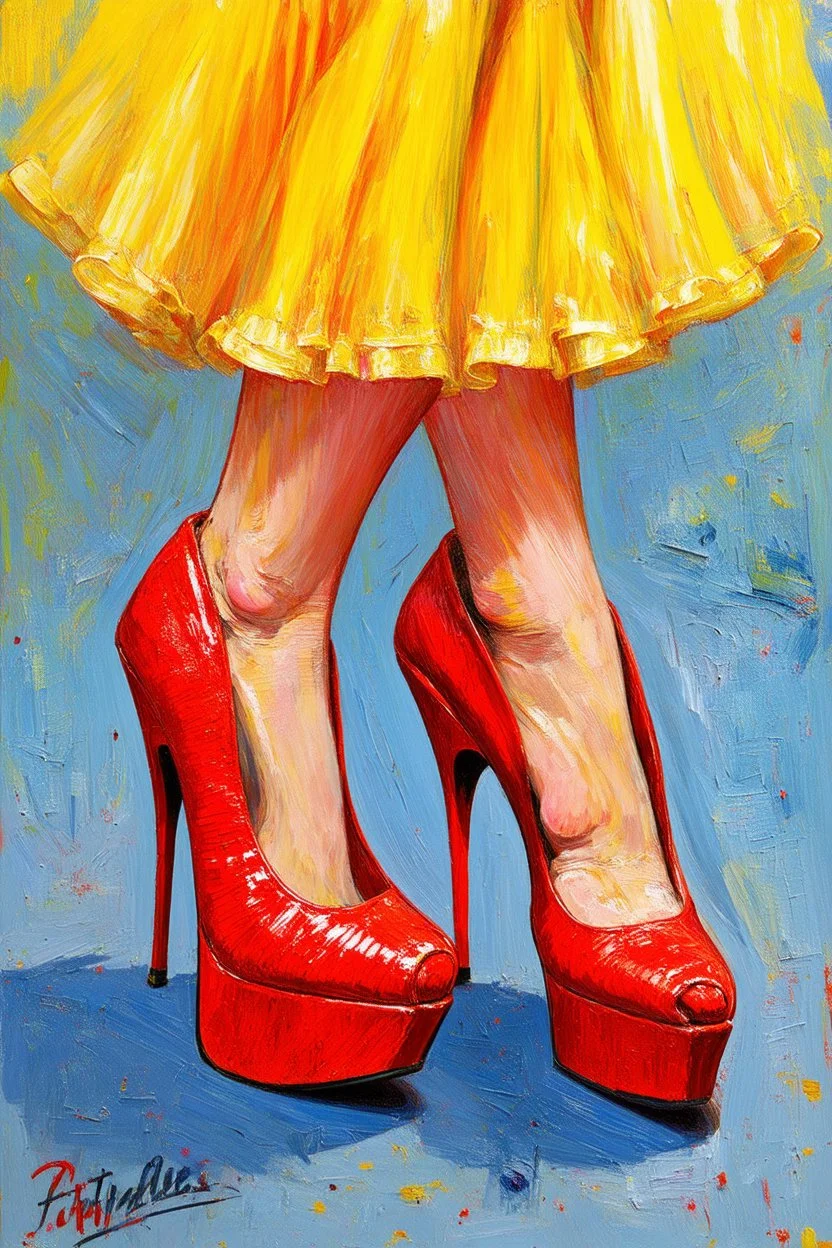 stippled red stilettos dancing in staccato; in the style of Van Gogh; Neo-surrealism; Lowbrow