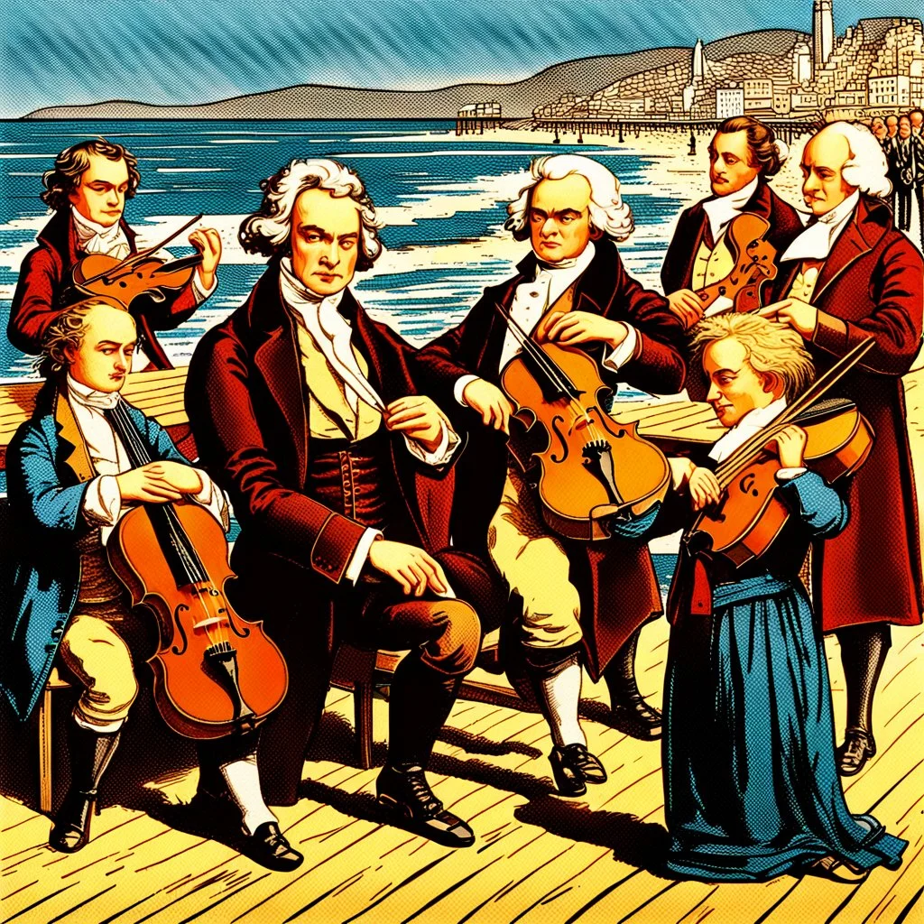 Ludwig van Beethoven, Johannes Brahms, Wolfgang Amadeus Mozart, Antonin Dubzek and Johann Sebastian Bach stand on the boardwalk on the beach in San Francisco and play violins in front of children, men and women who sit on the floor and listen to them,