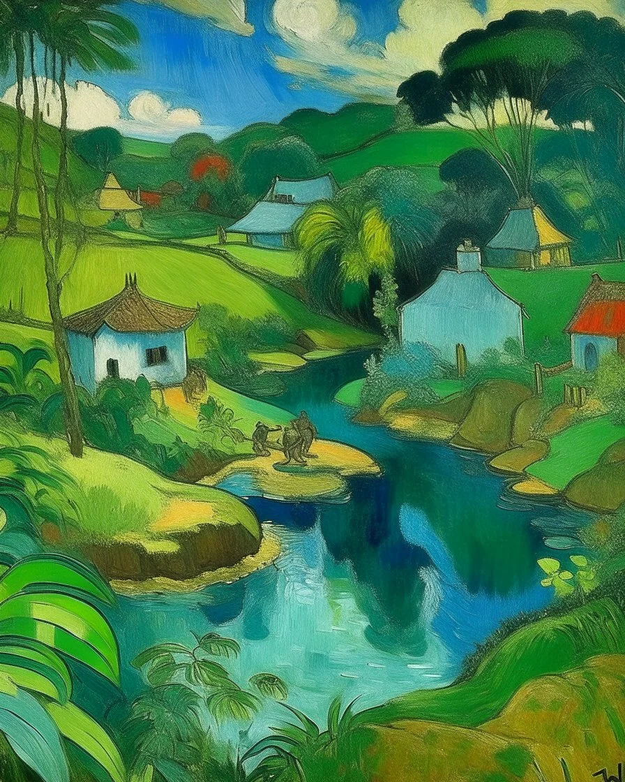 A blue Japanese village near a watery springs painted by Paul Gauguin