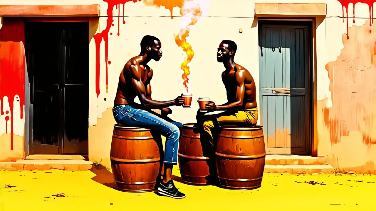 minimalist acrylic impasto painting of two skinny tall black Somali neighbors sitting on rusty oil barrels drinking steaming coffee, wide angle, dusty heat, tribal vibe, amazing verticals, great parallels, warm shades of yellow, orange, green and black with sparse deep red leaks, afrofuturism, rusty village decay, arafed doors