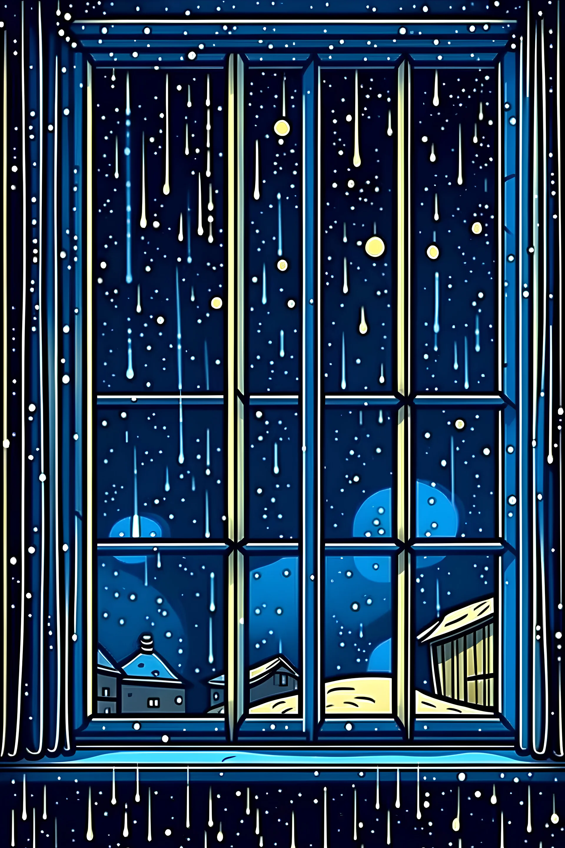 ventana de cerca viendo al cielo de noche con una lluvia de estrellas. caricatura