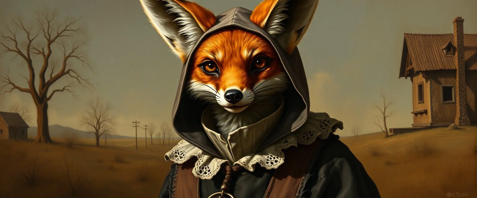 amish space alien fox dressed in amish outfit, painted by Rembrandt, Escher and Giger and some anime genious